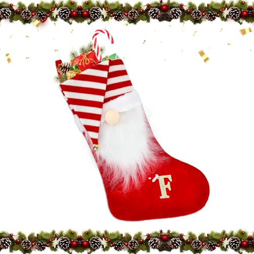 Alederways Weihnachtsstrümpfe, 55cm rote Mütze Monogramm gestrickt Xmas Santa Bart personalisierte bestickte Strümpfe für Weihnachtsbaum Dekor Kinder Erwachsene (F)