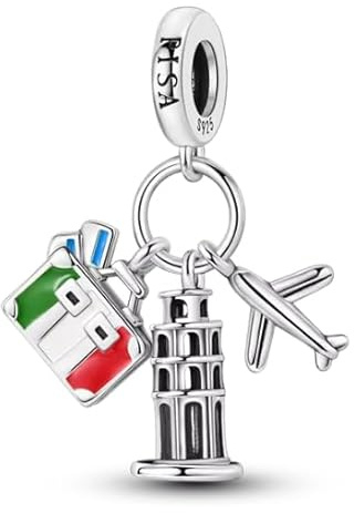 Breloque drapeau de l'Italie en argent sterling 925 avec motif de valise, tour de Pise penchée et avion compatible avec les bracelets Pandora et beaucoup d'autres bracelets à breloques britanniques