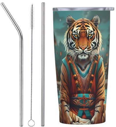 VOSERY Vaso de agua de 20 onzas con tapa y popote, vaso aislado de tigre meditando en estanque, vasos de acero inoxidable, taza de café de viaje, vaso personalizado