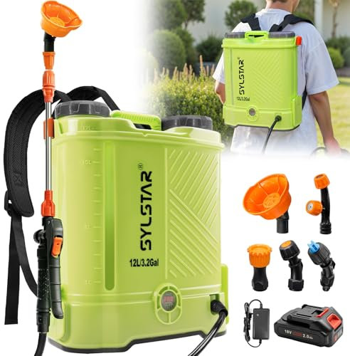 SYLSTAR Pompa Irroratrice 12L, 5.5Bar Pompa a Spalla a Batteria Compatibile con Makita 18V Batterie, Spruzzatore a Pressione Velocità Regolabile,5 Ugelli Pompa a Spalla(Caricabatterie Incluso)
