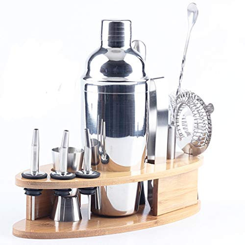QTANZIQI Juego de 11 Piezas de coctelera de Acero Inoxidable, tapón para Botella, Cuchara, Clip, Herramientas de Barra con Estante para Vino y Receta de cóctel