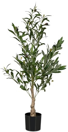 Relaxdays Olivo Artificial, 90 cm, Plástico, Piedra, Plantas Realistas, Olivera Decorativa, Árbol Falso, Verde/Marrón