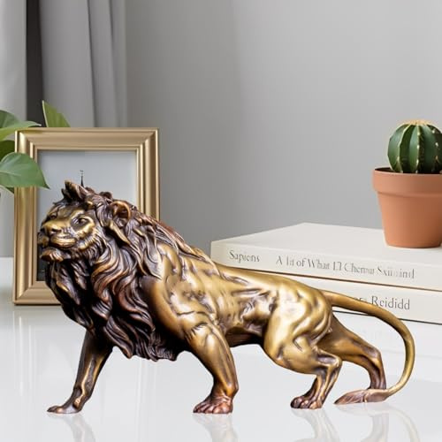 MILY-ART Statua di leone in bronzo, maestosa scultura in ottone artigianale per la casa e l'ufficio, statuetta unica a forma di animale e regalo per collezionisti e amanti dei leoni