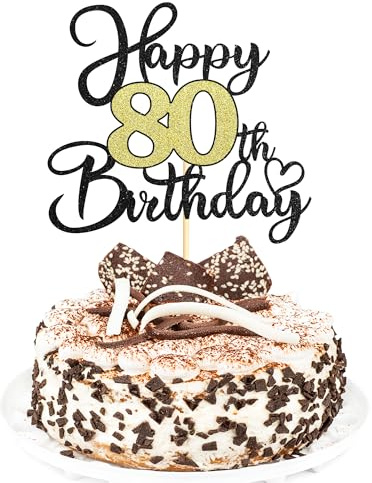 Sotpot 1PC 80th Birthday Cake Topper Black Gold Glitter Cake Pick with Heart Pattern Cake Decoration for Happy 80th Birthday Party Decorations Supplies