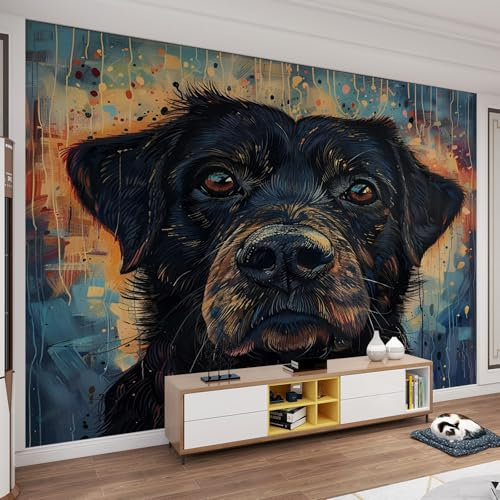 Yellow Mouthed Puppy 3D Wallpaper, Cartoon Pet Black Dog Mural, Colored Paint Background Silk Wall Decorations, Wall Painting Stickers, for Living Room Bedroom-390x260cm