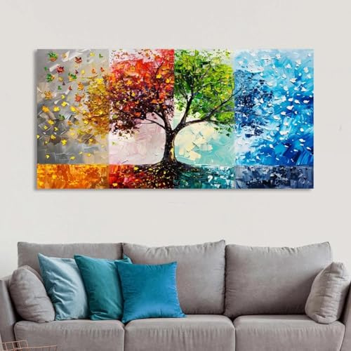 DAMAIART Quadro su tela astratto con quattro stagioni, paesaggio, arte murale, poster e stampe dell'albero della vita, decorazione da parete per la casa, 60x120 cm, senza cornice