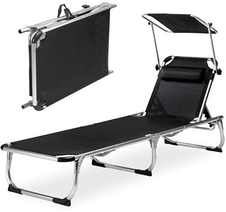 sunnypillow Sonnenliege mit Dach, Strandliege klappbar leicht - 150 kg belastbar - Gartenliege aus Aluminium für Garten Balkon Terrassen Pool - Liege mit 7 Fach Verstellbarer Rückenlehne - Schwarz