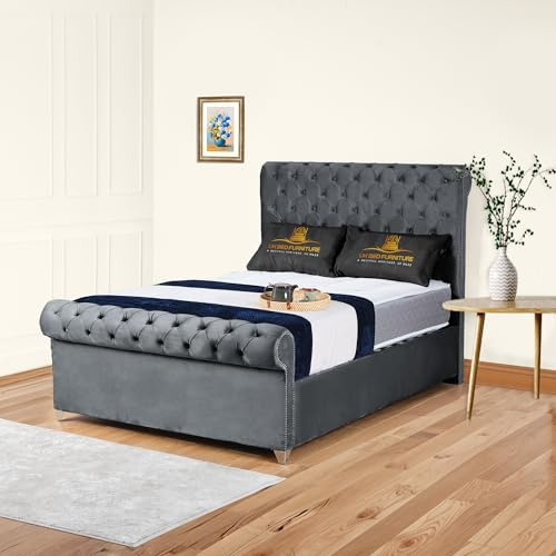 Plush Velvet Arcade Sleigh Upholstered Bed Frame with Tufted Headboard & Footboard | Optional Gas Lift Storage with Optional Mattress (Steel, 6FT Super King - Gas Lift Storage - With Mattress)