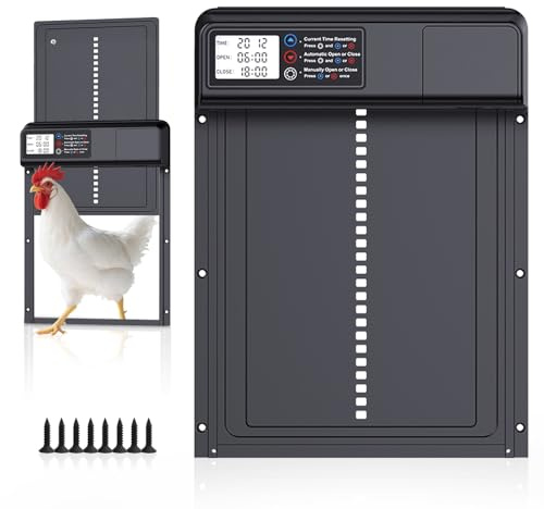 Automatic Chicken Coop Door, Aluminium Electric Chicken Coop Door with Timer and Manual Mode, Battery Powered Chicken Door with Anti-Pinch Design, LCD Display, Waterproof, and Low Battery Warning