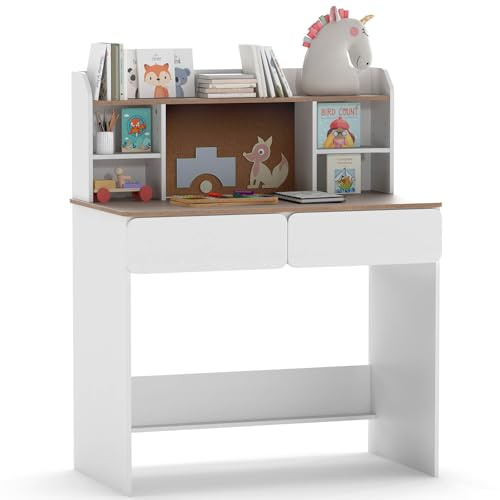COSTWAY Kids Desk, Wooden Children Study Table with 2 Drawers, Charging Station, Cork Board, Storage Shelves, School Students Workstation for Studying, Reading Drawing (White+Natural)