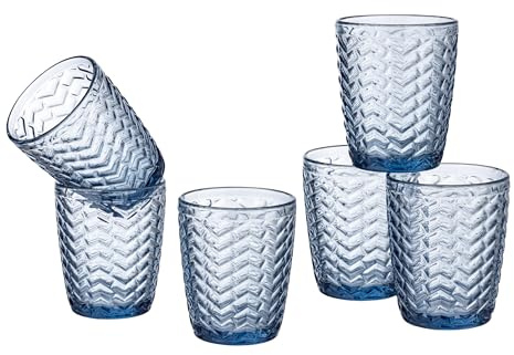 Baroni Home Juego de 6 vasos Wave de cristal de colores y decorados con rayas en relieve, 30 cl, elegantes vasos lavables en lavavajillas, 8 x 8 x 9,5 cm, azul