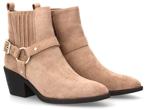 shoes&blues.es 96599 Botin de Mujer Estilo Cowboy con Tira Decorativa con Hebilla y aro metalico Lateral. Tacon Cuadrado Ideal Temporada Otono Invierno. Taupe Talla 36