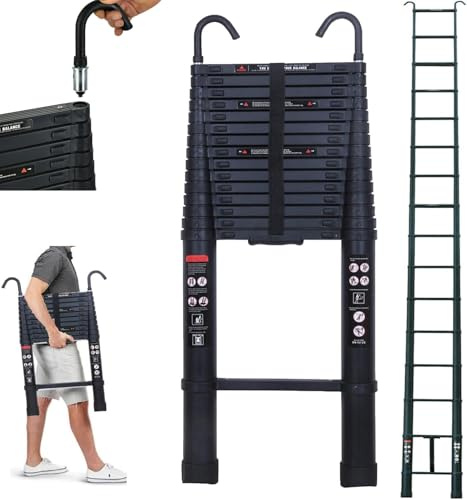 Aluminium-Teleskopleiter – 6 m/20 ft Klappleiter mit abnehmbaren Haken für Haushalt, Gewerbe, Dach, Wohnmobil & Outdoor-Aktivitäten (Schwarz)
