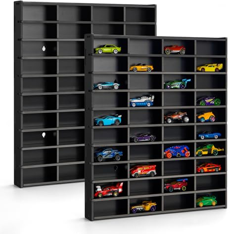 Krafetto Display Regal Setzkasten für 40 Modellautos, Schwarz 2 Stück | Autos Vitrine und Organizer für Spielzeugautos; zur Wandmontage und übersichtlichen Sammlung.