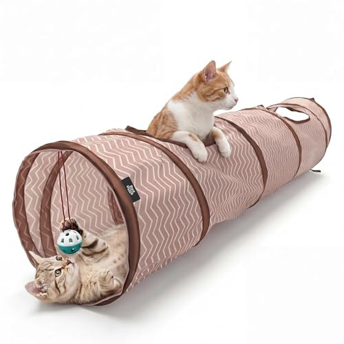 Pet Ville® Kattunnel 120 cm | vikbar prasseltunnel för katter | lektunnel för bostadskatter | kattleksak självaktivitet | med lekboll | beige