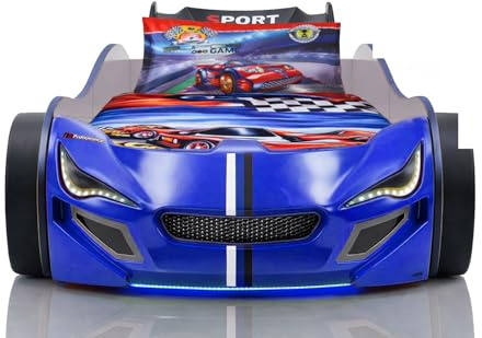 Aileenstore Autobett Turbo GTE 90x200 cm Blau – Kinderbett im Rennwagen-Design mit LED-Beleuchtung, Sound & Fernbedienung, inkl. Lattenrost