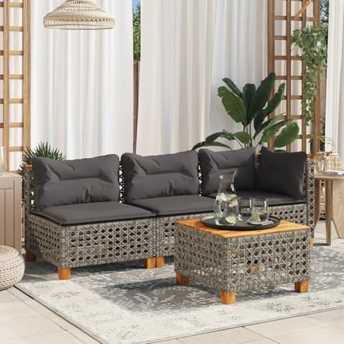Umbrale Gartensofa 3 Sitzer Grau aus Poly Rattan mit Kissen, Lounge Sitzgruppe für Terrasse, Balkon und Garten, modulares Outdoor Sofa mit abnehmbaren Bezügen
