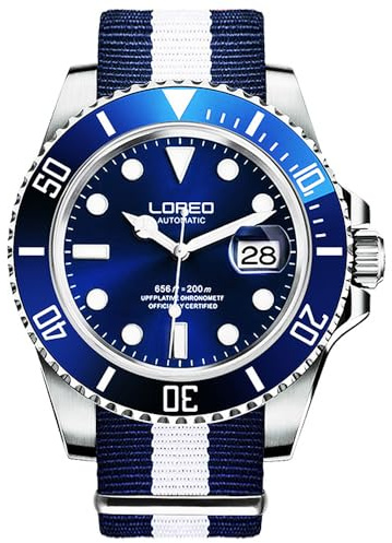 LOREO Herren-Automatikuhr, silberfarben, Edelstahl, Saphirglas, schwarz, drehbare Lünette, Blau/Nylon, Taucheruhr