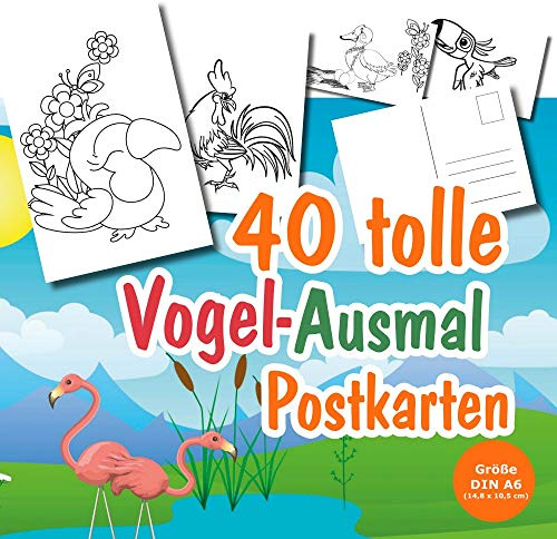 40 Vogel-Ausmal-Postkarten, alles verschiedene Motive (Größe je Karte Din | A6)