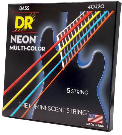 DR Strings Hi-Def Neon Mehrfarbig NMCB5-40 – E-Bass Light 40-120 5-Saiter | UV aktive K3 Beschichtung, Maximale Sichtbarkeit, Brillanter Klang, Buehnentauglich, Made in USA