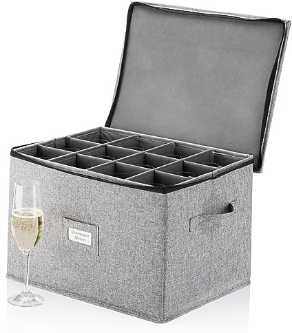 Champagne Flute Storage Box - Hard Shell China Storage Holds 12 Stemware Glasses - Protects Flutes, Crystal Glass, Wine Glasses and Fine China - Stackable - Fully Padded Inside