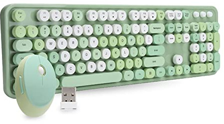2.4Ghz Wireless Keyboard and Mouse Combo Set, 104 Round Keys Colorful Cute Retro Computer Keyboard, Typerwriter Keyboard for PC Laptop etc(green)