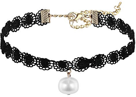 Gualiy Kragen Halskette Einstellbar Spitze Halsband Sonneblumen Muster Perle Maskenspiel Kropfband Klassische Damenkette Schwarz Weiß mit Perle, 31.3CM