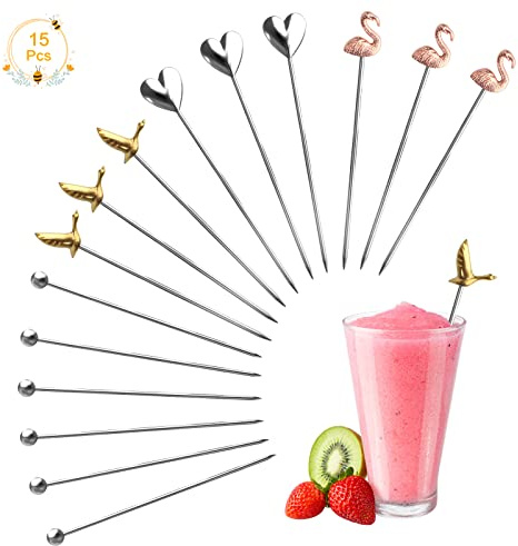 Ruicaifu 15 st cocktailplektrum, återanvändbar fruktpinne metall martini-spett tandpetare omrörare för cocktail smörgåsar grill mellanmål festtillbehör (4 former)