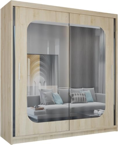MN Furniture Modern Double Sliding Door Wardrobe 2 Mirrored Hanging Rails & Shelves Storage Cabinet for Bedroom (120cm, Marika Oak)