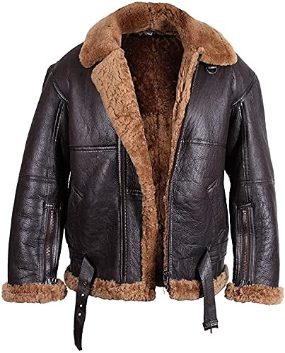 Chaqueta de cuero de oveja auténtica para hombres, estilo vintage WW2 B3 RAF Bomber Aviador | Chaqueta de invierno para hombres, piloto, marrón, L