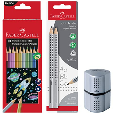 Faber-Castell - School Set mit Buntstiften, Bleistiften und Spitzer | Schreibset mit Metallic Buntstiften, Anspitzer und 2 Jumbo Bleistiften