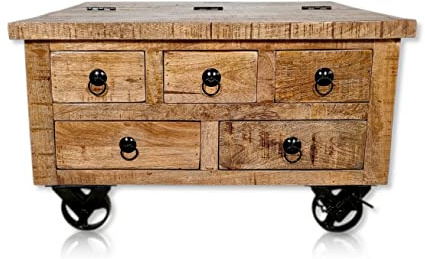 DARO DEKO Holz Couchtisch eckig braun 70 x 40cm mit Rollen, Schubladen und Stauraum Wohnzimmertisch Sofatisch