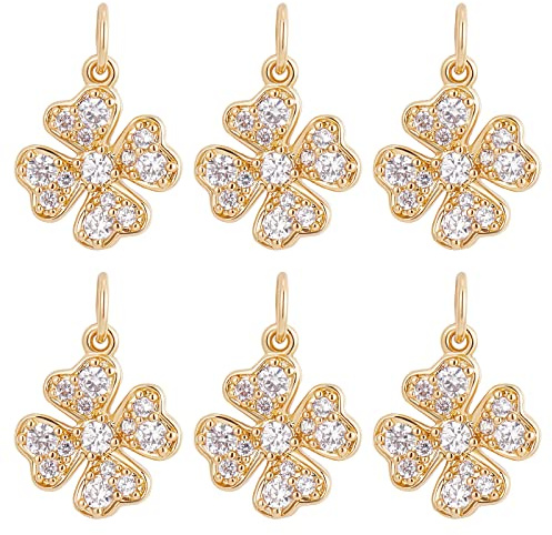 Beebeecraft 6 Stück/Box Vierblättriges Kleeblatt Charms 18 Karat Vergoldetes Messing Viel Glück Anhänger Zirkonia St. Patrick's Day Kleeblatt-Anhänger Für Halsketten Armband Ohrringe