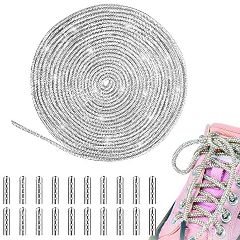 AMFUN Glitzer Schnürsenkel - 5 m Rund mit 20 Metallspitzenköpfe, Strass Bling Bling mit Kordelzug für DIY Turnschuhe, Hoodies, Bekleidungszubehör