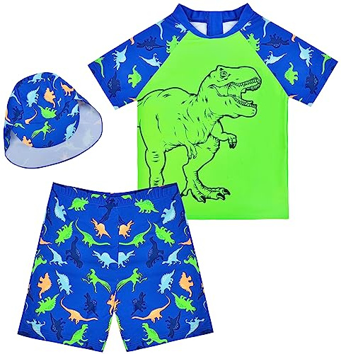 AuSletie Boys Swimming Costume,Swimsuit Set Short Sleeve Kids Rash Guard Dinosaur Boys Bathing Suit with Sun Cap for 2-6 Years