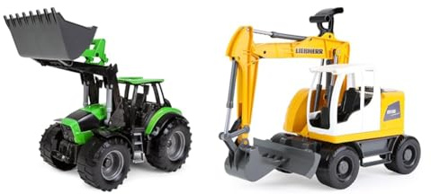 Lena 4613 x Worxx Traktor Modell Deutz-Fahr Agrotron 7250 TTV mit Frontlader, ca. 45 cm & 04611 - Worxx Schaufelbagger Modell Liebherr A918 Compact Litronic, ca. 48 cm
