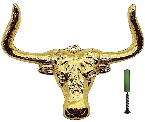5MOONSUN5's Longhorn Steer Wall Hook-5 Bull Head DecorativeWestern Decor Heavy Duty Vintage Metal Wall Hook, Rustic Decor Antique Hanging Hook for Coat, Key Bag Towel Includes Screws Brass Polished