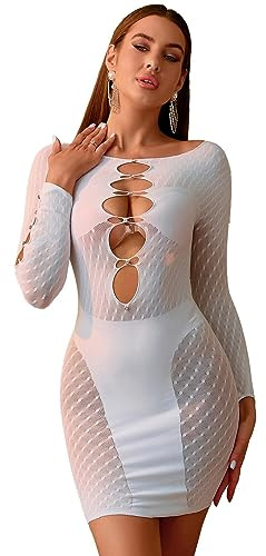 Bommi Fairy Robe sexy pour femme - Coupe avant brillante - Strass - Manches longues - Filet de pêche - Extensible - Jupe moulante