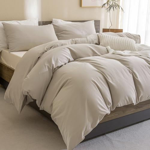 Sanracie King Comforter Set, Cotton Linen Feel Textured Comforter Set, Simple Neutral King Bedding Set 3pcs(1 Aesthetic Solid Comforter + 2 Pillowcases) Soft Lightweight