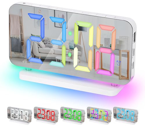 Sukeen Sveglia Digitale Con Display LED 18,8 Cm - Orologio Da Comodino 11 Colori, Luce Notturna RGB 10 Modalità, Porta Caricatore USB C - Bianco