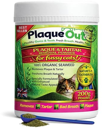 PLAQUE OUT for Fussy Cats 200g Pot - Plaque Off Remover - 100% Natural and Organic Seaweed Powder for Cats - Cat Teeth Cleaning, Cat Plaque Removal, Cat Dental Care, Bad Breath & Gum Care