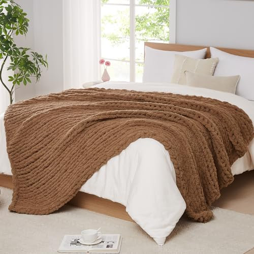L'AGRATY Grobstrick-Decke, Überwurf, weiches Chenille-Garn, Überwurfdecke, 101,6 x 127,7 cm, handgefertigt, dick, Zopfstrickdecke, große Strickdecke, grobes Garn, Seilknoten-Überwurf, Decke für Couch,