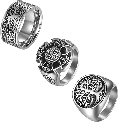 OIDEA Herr viking rostfritt stål ring: 3 st viking ringar retro vegvisir-kompass fingerring vintage livets träd bandring nordisk sigillring för män gåva storlek 62