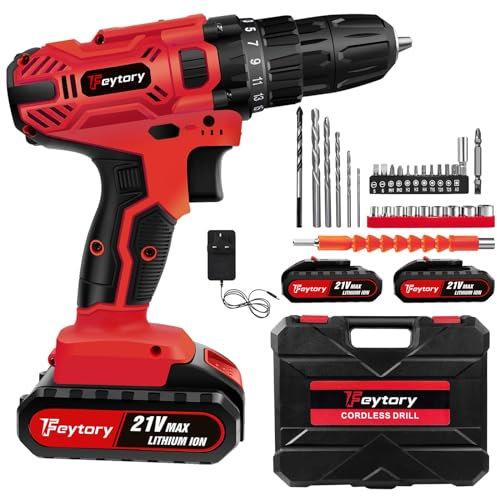 Cordless Combi Drill with 2 Batteries 1500mAh, 21V Power Drill Set, 45 N.m Electric Screwdriver, 25+1 Torque Power Tools Electric Drill Driver, 2 Speed, 3/8 Chuck, LED Light, 29pcs DIY Accessories