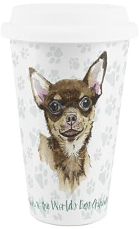 Purely Home World's Best Chihuahua Dog Ceramic Travel Mug - Novelty Gifts for Dog Mums - Reusable Silicone Lid Double-Walled Insulated Hot/Cold Drinks Tea Coffee Cup