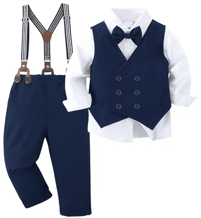 Amissz Jungen Anzug Gentleman Outfit, Kleinkind Festlich Bekleidungsset Taufanzug Hochzeitanzug Festanzug + Langarm Hemd + Weste + Bowtie + Hosenträge Blau, 8-9 Jahre