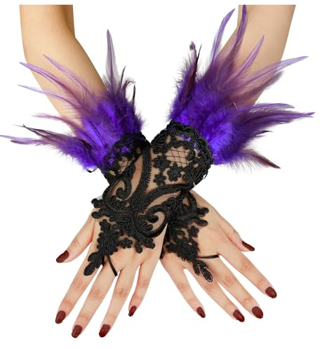 keland Damen Schwarz Feder Spitze Fingerlose Lange Handschuhe für Hochzeit Halloween Maleficent Kostüm