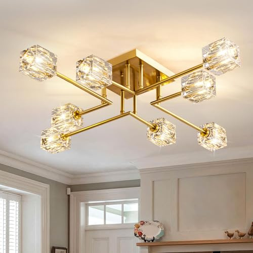 JUJUQI Modern Kistall Halbbündig Deckenleuchte Wohnzimmer,8-Lichter Gold Kristall Kronleuchter, halbbündiger Kristall-Kronleuchter,Luxus Deckenleuchte für Schlafzimmer Esszimmer
