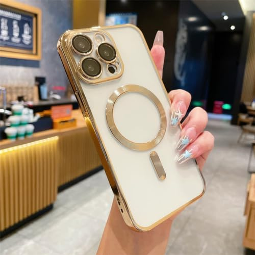 ORBANA Custodia per iPhone 13 con carica wireless magnetica, copriobiettivo in vetro trasparente, oro, per iPhone 13
