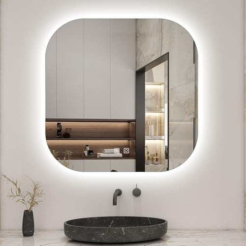 Biubiubath Quadratische LED -Badspiegel 70x70cm Wand/Touchschalter Beschlagfrei Kaltweiß Dimmbar Badspiegel mit Beleuchtung Badezimmerspiegel IP44
